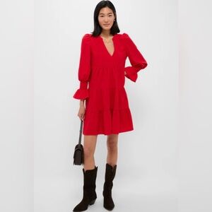 Pomander Place Red Crepe Kenzo Boho Tiered Mini Dress Puff Ruffled Sleeve Medium